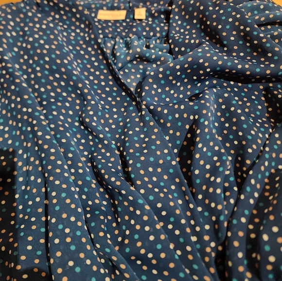 New York & Company Eva Mendes  Green White, and Tan Sheer Polkadot Blouse - Picture 12 of 15